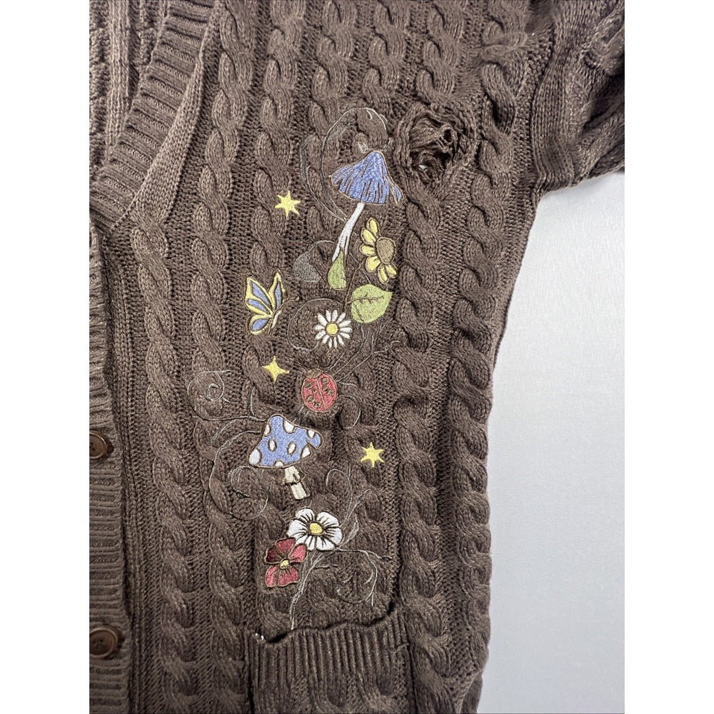 Embroidered Mushroom Frog Distressed Cardigan Sweater Large Brown BNWT Hot topic - Picture 8 of 15
